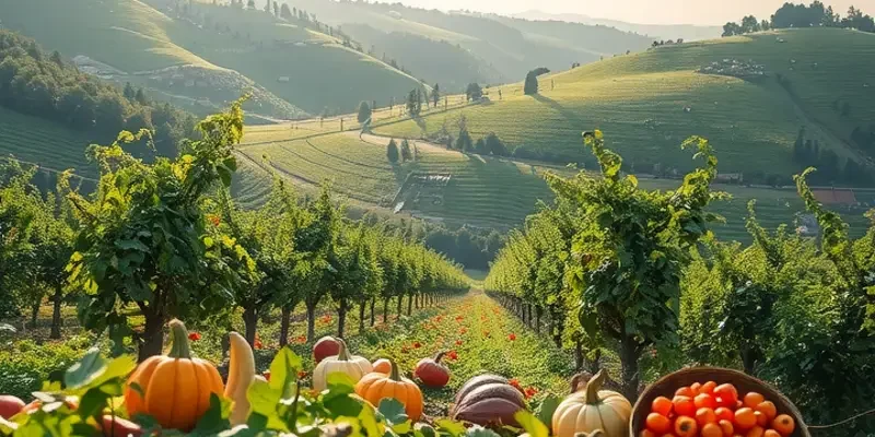 A scenic view of an organic field abundant with vegetables and fruits, showcasing nature's beauty.