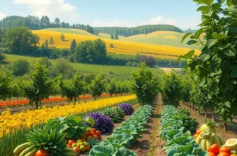 An expansive field of fresh organic vegetables and fruits basking in sunlight.