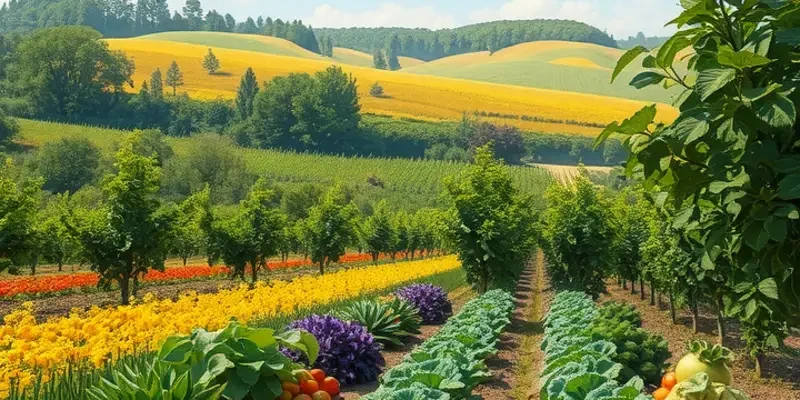 An expansive field of fresh organic vegetables and fruits basking in sunlight.