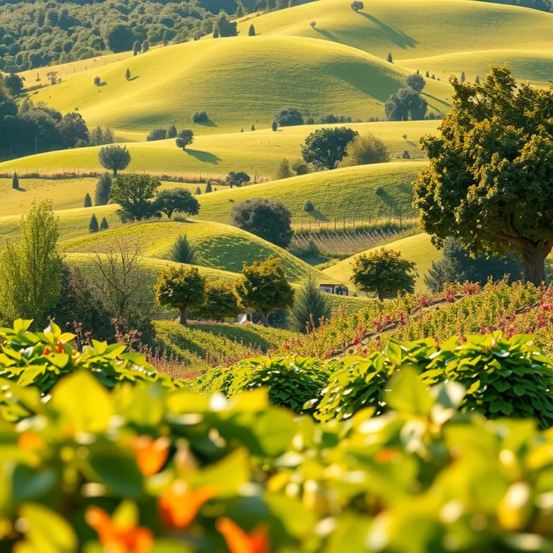 A vibrant sunlit field filled with organic fruits and vegetables.