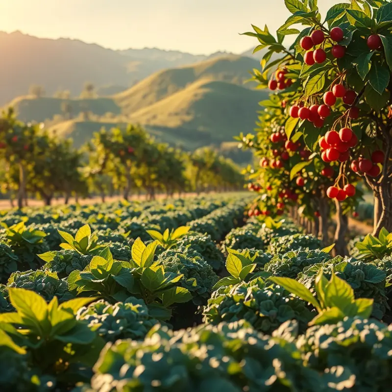A vibrant sunlit field abundant with organic vegetables and fruits.