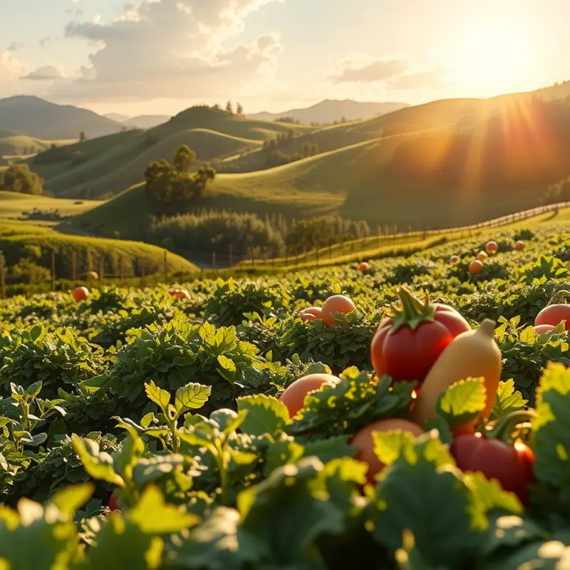 A vibrant, sunlit field showcasing the abundance of organic produce.