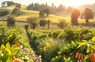 A lush landscape overflowing with organic fruits and vegetables in a natural, serene setting.