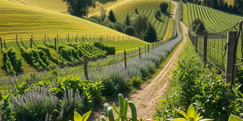 A picturesque view of a sunlit field with a variety of fresh organic produce, representing mindful eating.