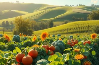 A scenic view of an orchard filled with ripe fruits and vegetables under warm sunlight, representing African agricultural abundance.