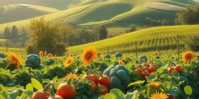 A scenic view of an orchard filled with ripe fruits and vegetables under warm sunlight, representing African agricultural abundance.