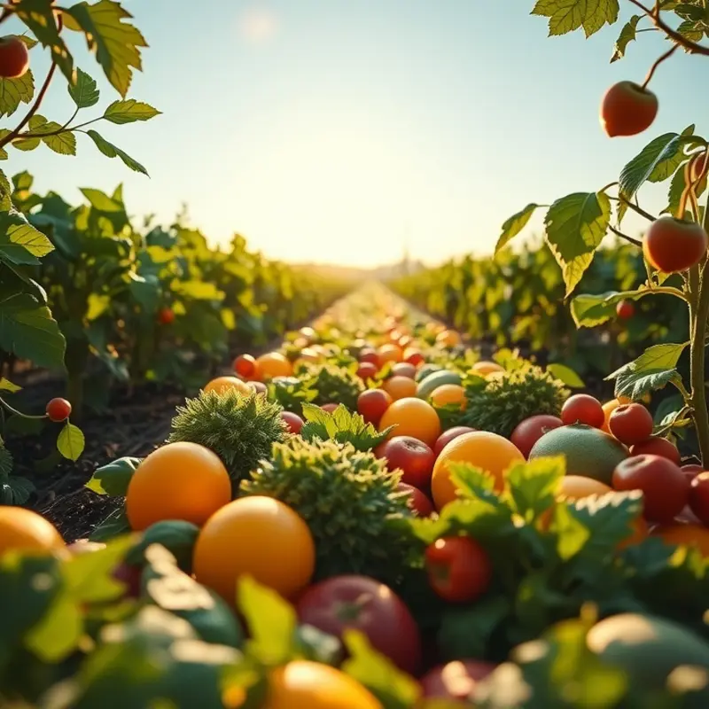 A serene field of organic vegetables and fruits.