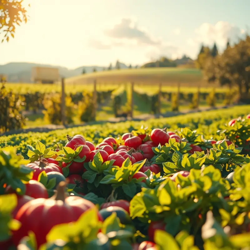 A lush landscape brimming with vibrant fruits and vegetables representing nourishing foods.