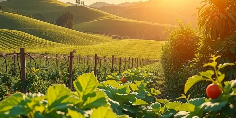 A scenic view of a sunlit field abundant with fruits and vegetables, emphasizing natural nutrition.
