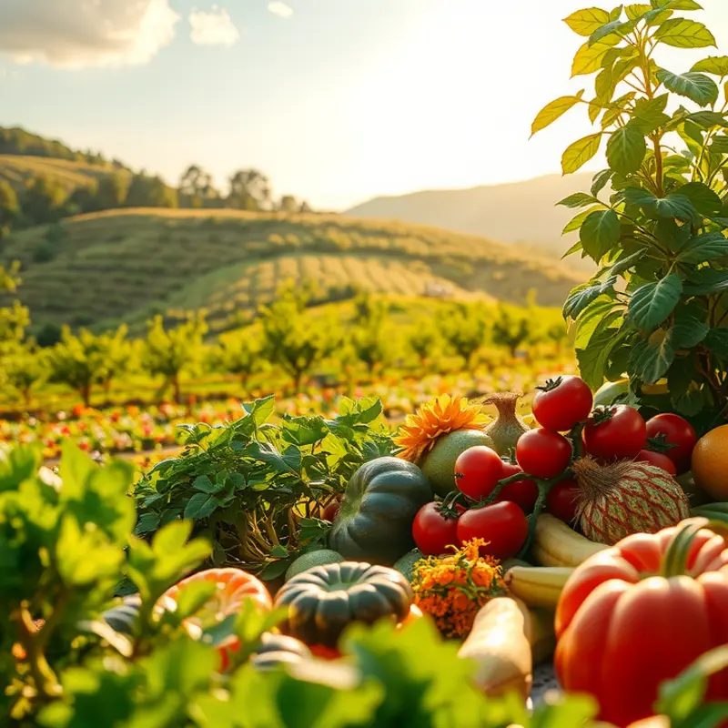 A picturesque view of vibrant vegetables and fruits growing in a sunlit field, reflecting the abundance of nature.
