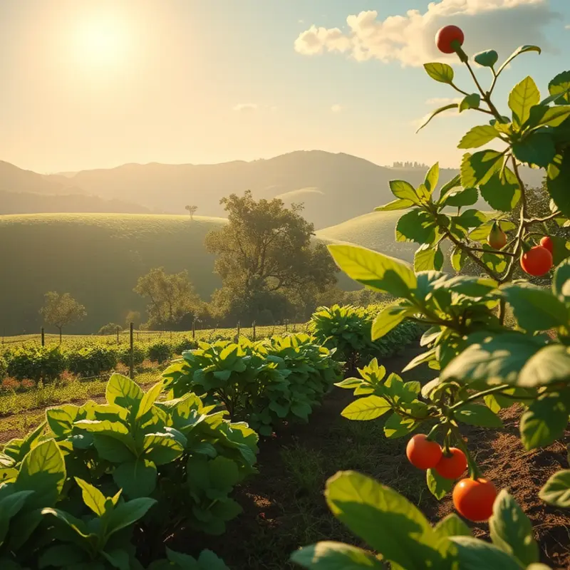 A scenic view showcasing organic artichokes flourishing in a sunlit field.