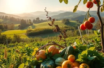 A vibrant garden showcasing a bountiful harvest of fruits and vegetables in a serene, natural setting.