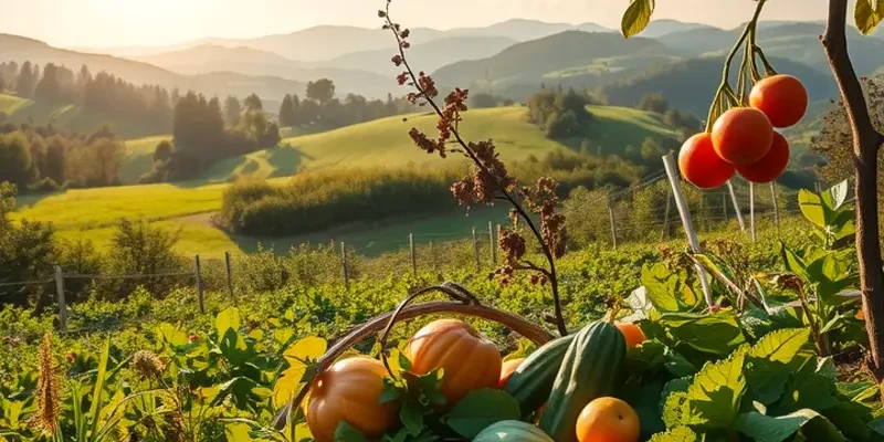 A vibrant garden showcasing a bountiful harvest of fruits and vegetables in a serene, natural setting.