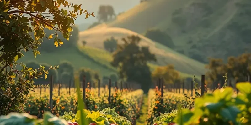 A sunlit field rich with vibrant fruits and vegetables, showcasing the essence of a healthy low-GI diet.