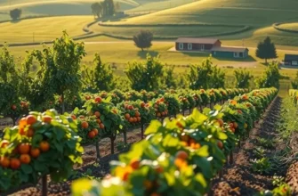A serene field filled with organic fruits and vegetables under soft, warm sunlight.