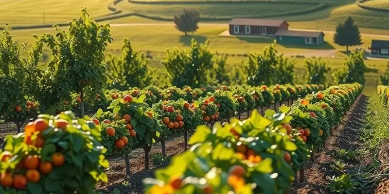 A serene field filled with organic fruits and vegetables under soft, warm sunlight.