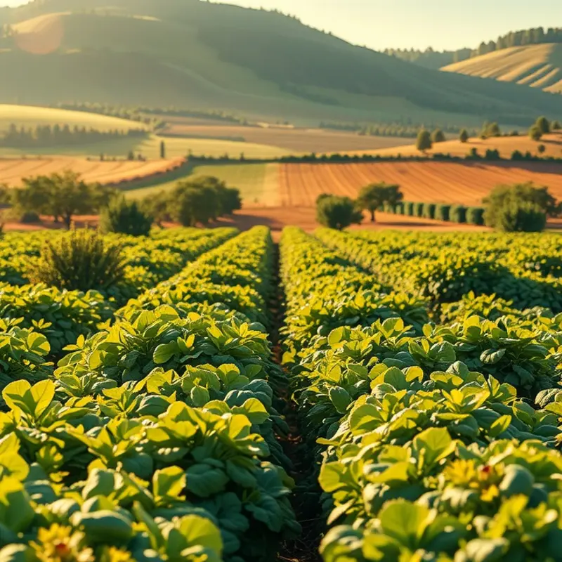 A sunlit field showcasing the vibrant growth of organic produce.