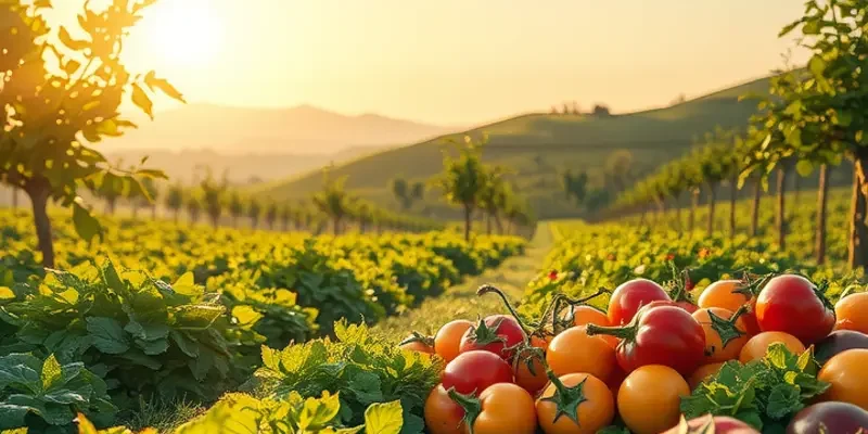 A tranquil field of organic vegetables bathed in sunlight, representing the essence of healthy eating.