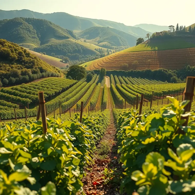 A scenic view of vibrant vegetables and fruits growing in a sunlit organic field.