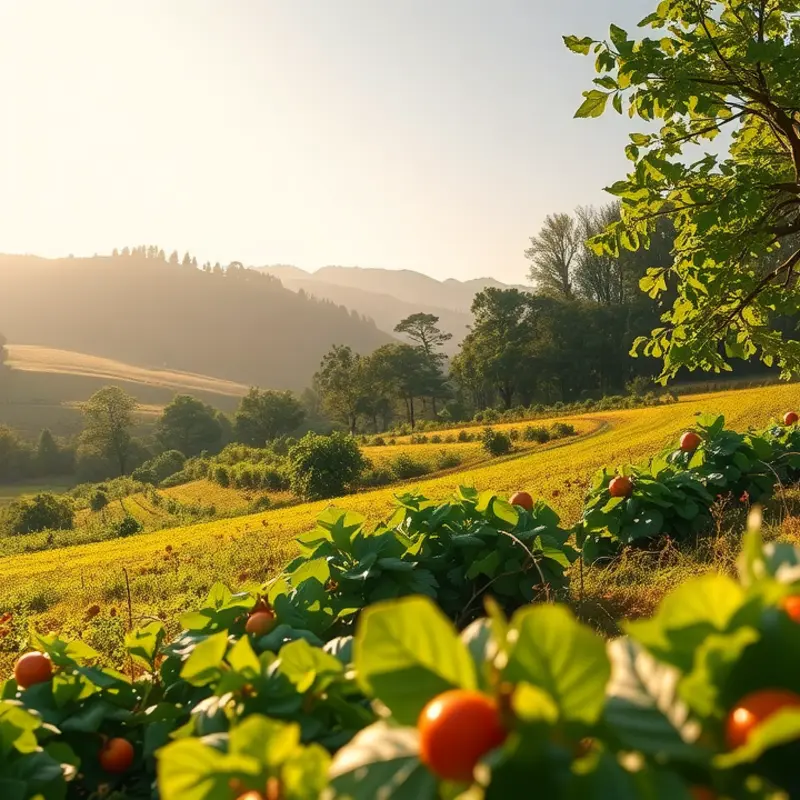 A scenic view of a sunlit field abundant with fresh fruits and vegetables, representing healthy nutrition.