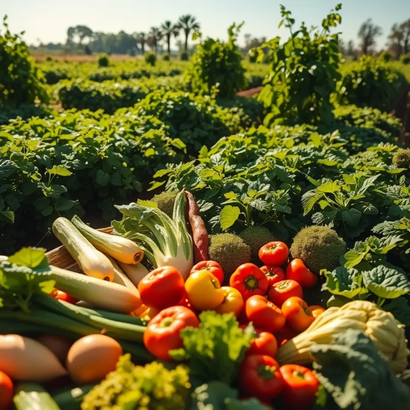 A vibrant sunlit field showcasing the abundance of fresh, organic produce.
