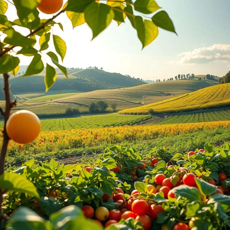 A lush field showcasing vibrant vegetables and fruits representing healthy nutrition.