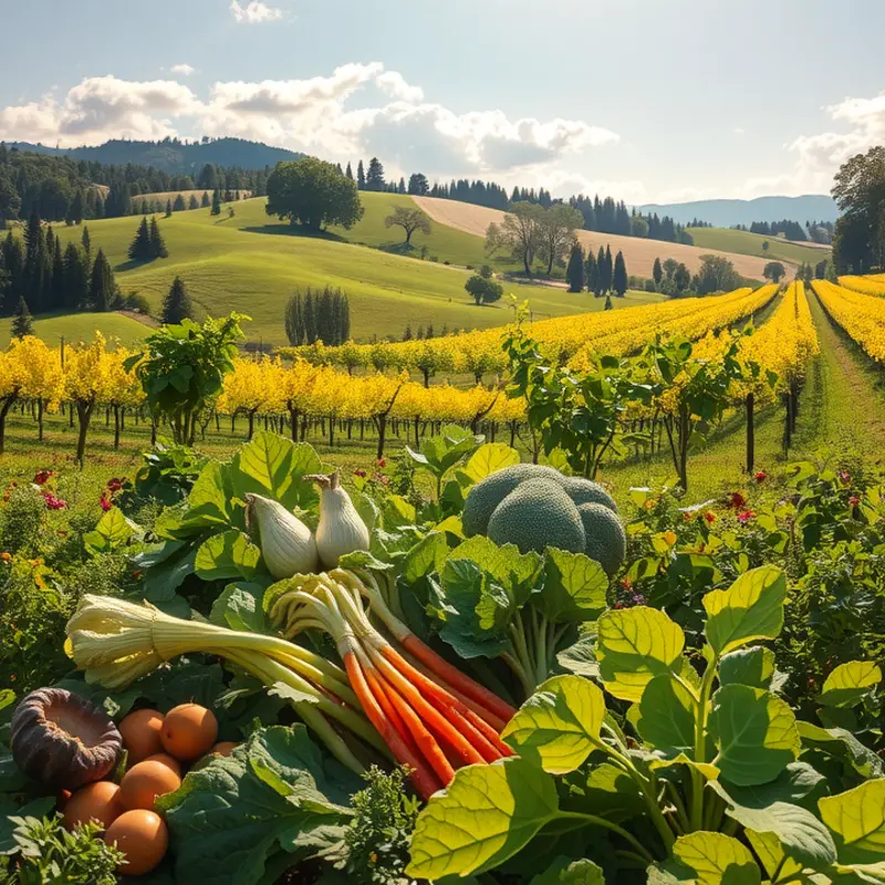 A vibrant orchard brimming with colorful fruits and vegetables under soft sunlight.