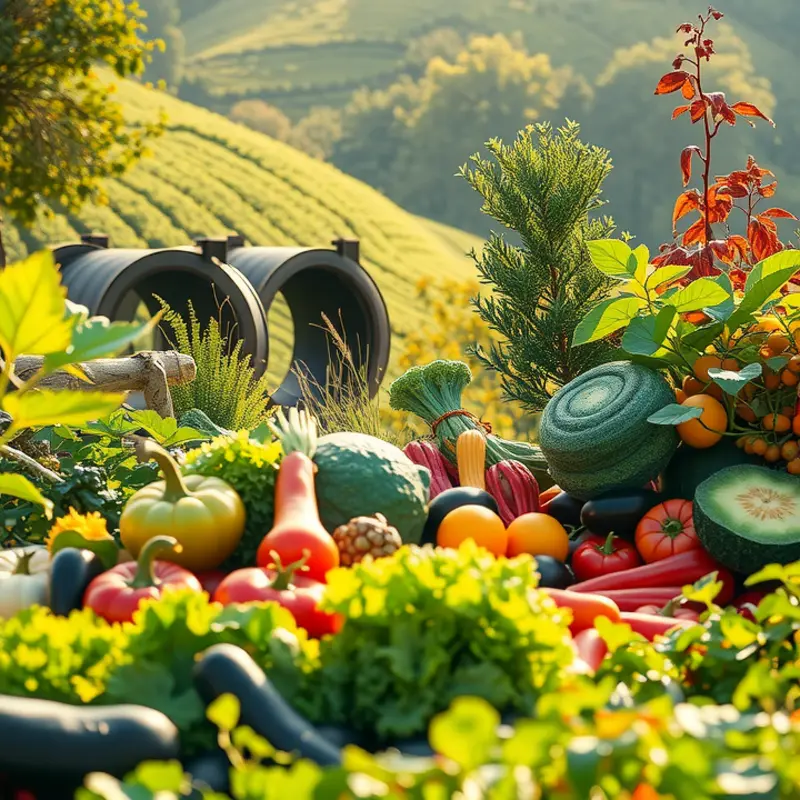 A vibrant garden filled with fresh vegetables and fruits under warm sunlight.