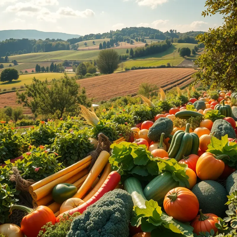 A vibrant sunlit field showcasing a variety of organic vegetables and fruits.