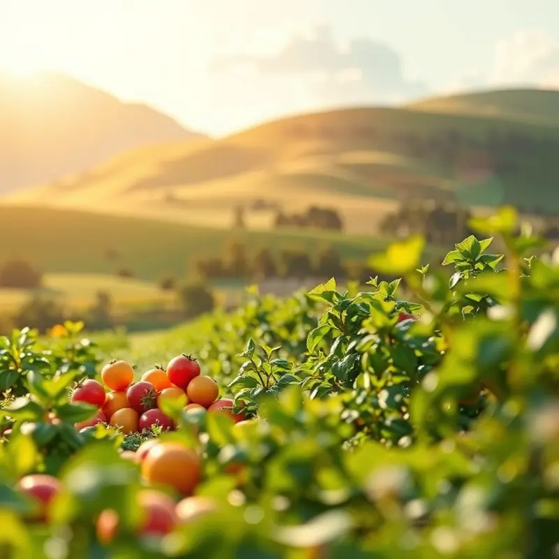 A sunlit field filled with vibrant vegetables and fruits, showcasing the abundance of organic produce.