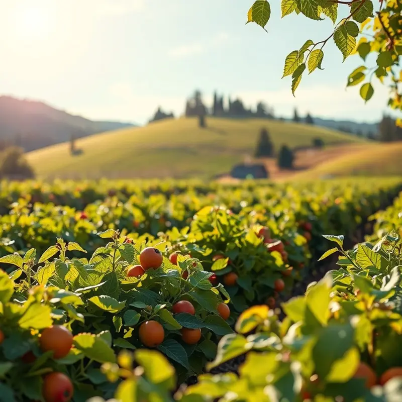 A sunlit orchard abundant with vibrant fruits and vegetables.