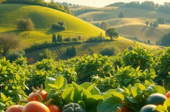 Photorealistic landscape of a sunlit field filled with fresh vegetables and fruits, promoting the concept of healthy nutrition.