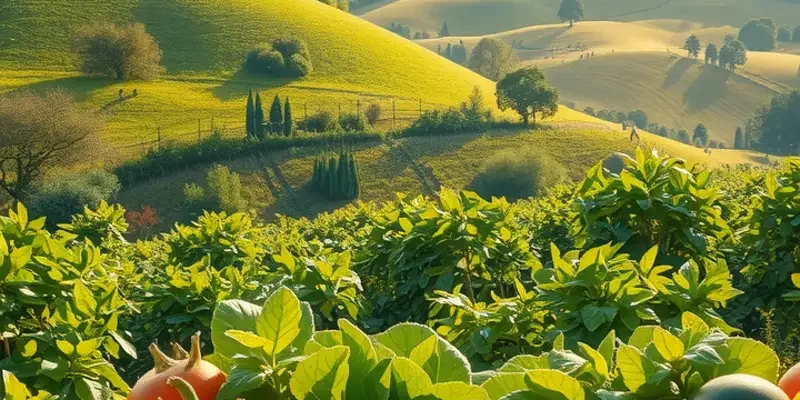 Photorealistic landscape of a sunlit field filled with fresh vegetables and fruits, promoting the concept of healthy nutrition.