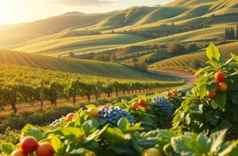 A serene landscape featuring lush fruits and vegetables, representing organic wellness.