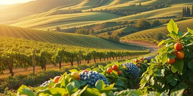 A serene landscape featuring lush fruits and vegetables, representing organic wellness.