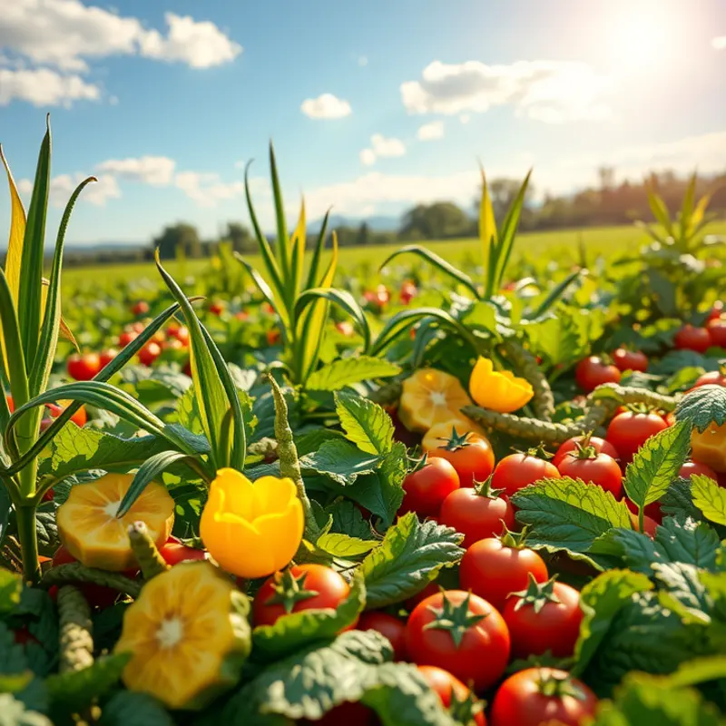 A vibrant sunlit field filled with fresh organic produce.