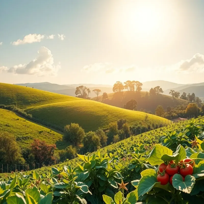 A sunlit landscape showcasing the natural beauty of organic fruit and vegetable growth.