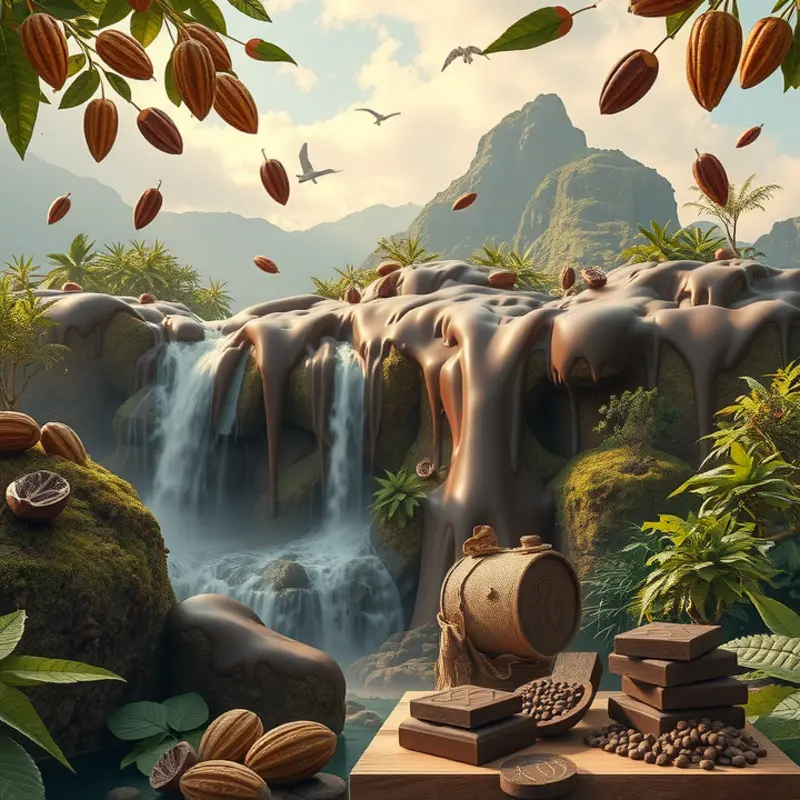 A lush cocoa plantation representing the origins of chocolate in Mesoamerica.