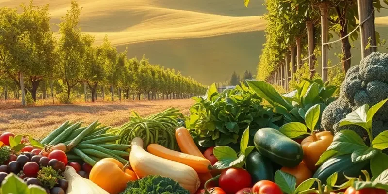 A stunning natural scene filled with vibrant fruits and vegetables, epitomizing healthy eating.
