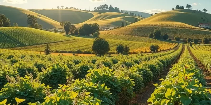 A lush field showcasing an abundance of fresh vegetables and herbs typically used in coastal dishes.