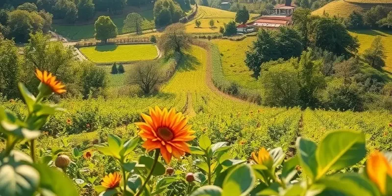 A sunlit landscape featuring vegetables and fruits, representing fresh and healthy cooking.