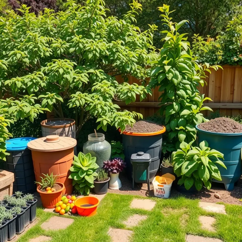 A sunny garden showcasing various compost setups surrounded by lush greenery.