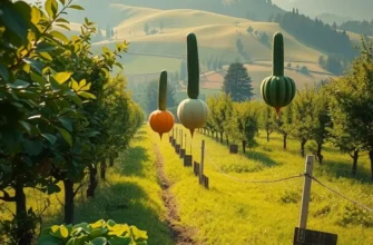 A picturesque landscape featuring vibrant fruits and vegetables in a lush green environment.