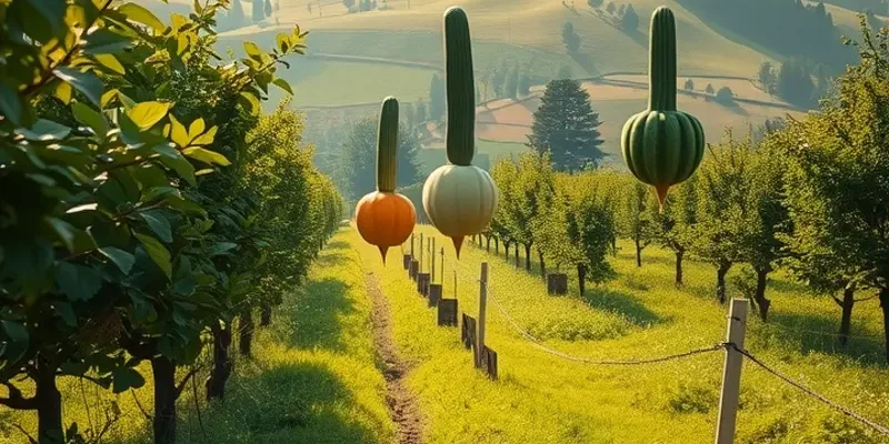 A picturesque landscape featuring vibrant fruits and vegetables in a lush green environment.