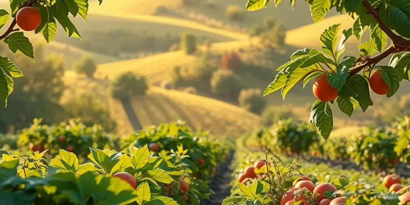 A sunlit orchard filled with healthy organic fruits and vegetables, exemplifying nutrition.