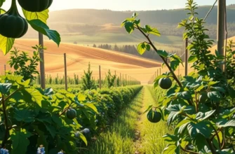 A beautiful view of a sunlit orchard brimming with fresh fruits and vegetables.