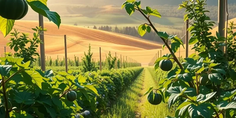 A beautiful view of a sunlit orchard brimming with fresh fruits and vegetables.