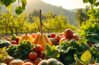A serene view of a sunlit orchard filled with fresh fruits and vegetables, representing healthy dietary choices.