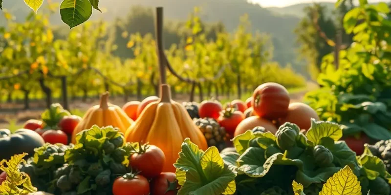 A serene view of a sunlit orchard filled with fresh fruits and vegetables, representing healthy dietary choices.