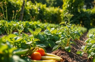 Photorealistic scenic landscape of a sunlit field with vibrant vegetables and fruits, highlighting organic produce.